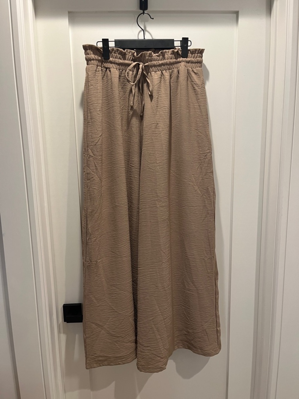 Wide Leg Crinkle Gauze Drawstring Pants in Taupe